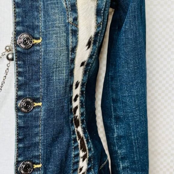 Upcycled True Religion Western Brown/white Cowhide Jean Jacket concho accent-XS - Picture 2 of 6